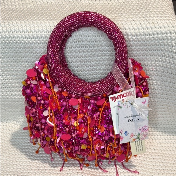 Viral TJ Maxx Beaded Pink and Orange Shoulder Bag with Artistic Fringe - Picture 8 of 8